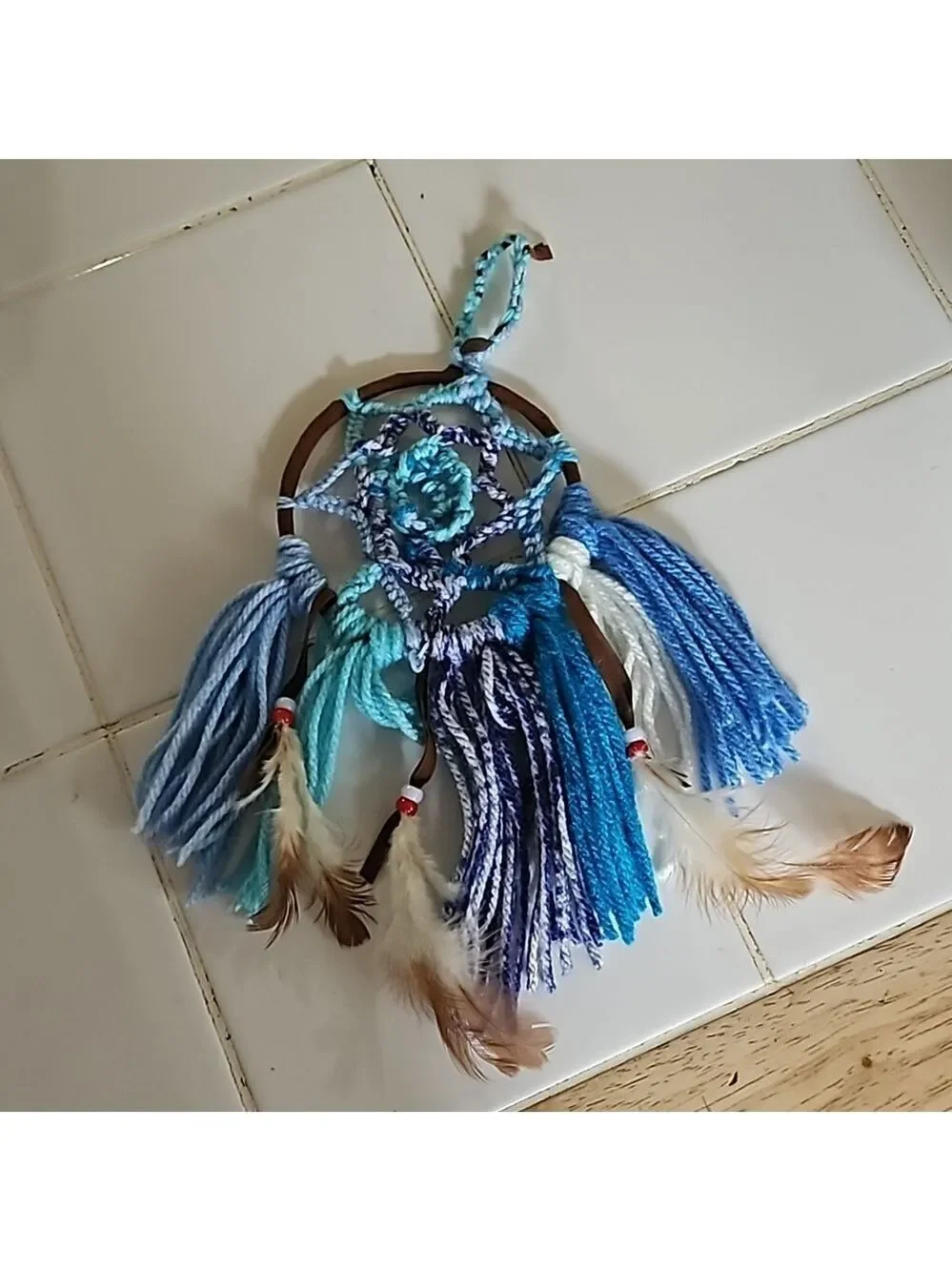 Hand Knit Crochet Dreamcatcher Brown Blue Yarn Feathers